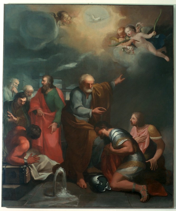 Ambito lombardo sec. XVII, San Pietro battezza in carcere Processo e Martiniano