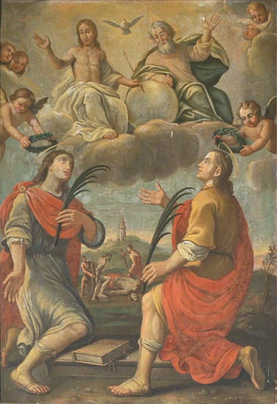 Ambito bergamasco sec. XVII, Trinità con San Gervasio e San Protasio