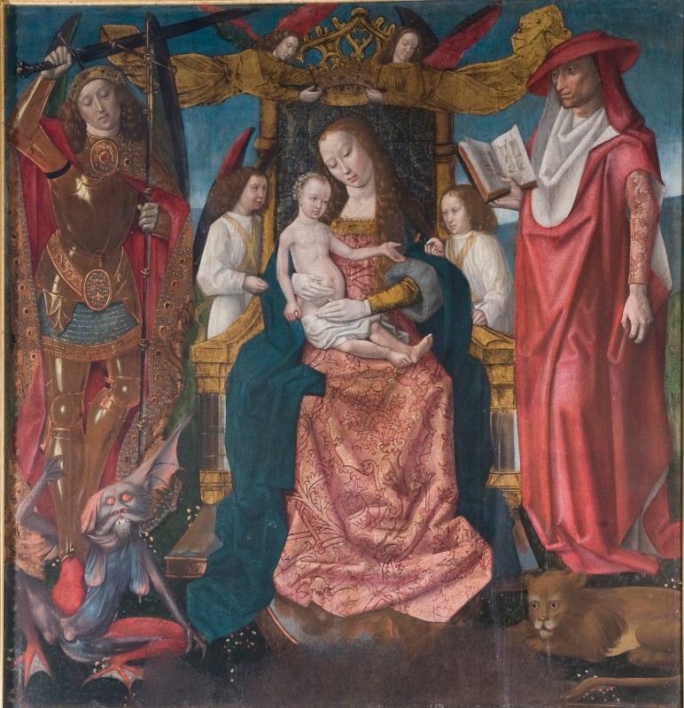 Bott. fiamminga sec. XV, Madonna con Gesù Bambino e Santi dipinto