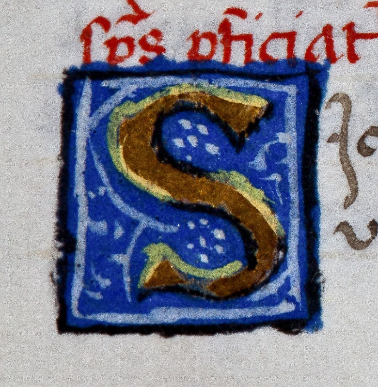 Ambito fiorentino sec. XVI, Miniatura con lettera S in oro con sfondo blu