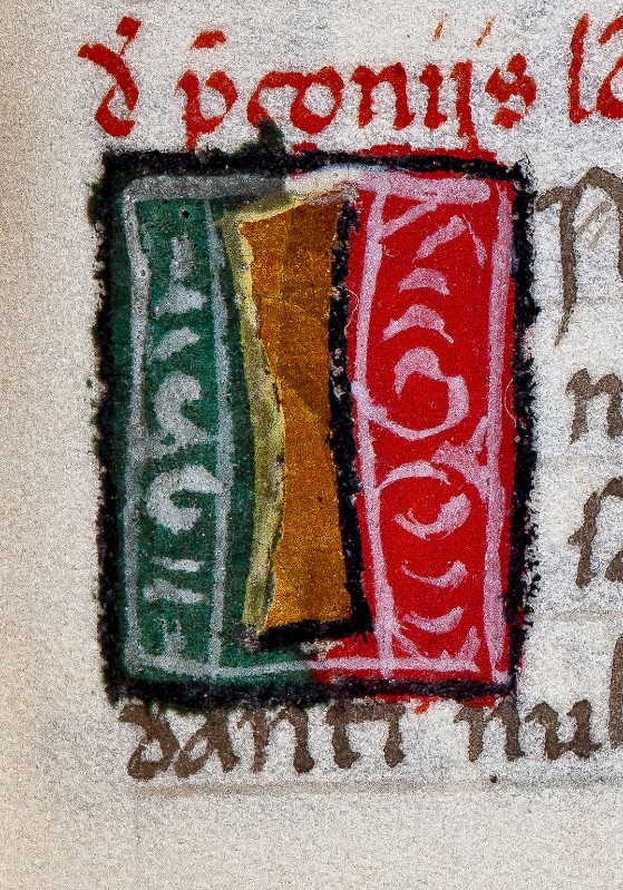 Ambito fiorentino sec. XVI, Miniatura con lettera I in oro con sfondo bicolore