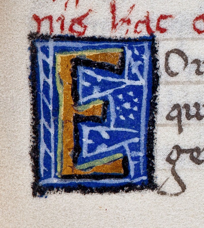 Ambito fiorentino sec. XVI, Miniatura con lettera E in oro con sfondo blu