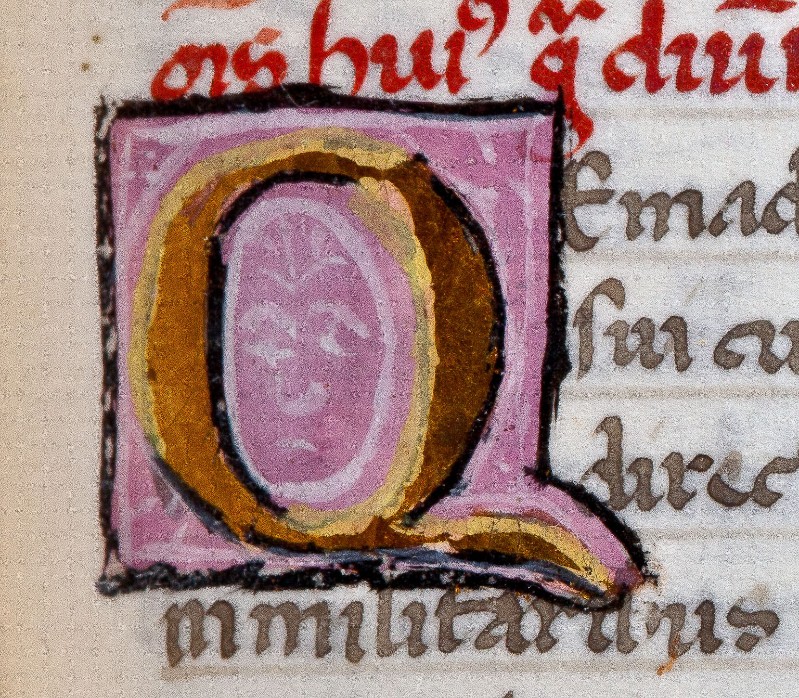 Ambito fiorentino sec. XVI, Miniatura con lettera Q in oro con sfondo rosa