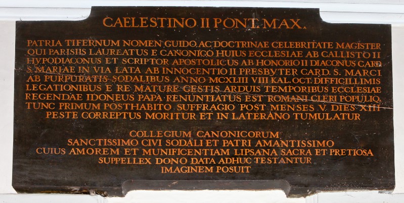 Bott. Italia centrale sec. XVIII, Targa commemorativa di Papa Celestino II