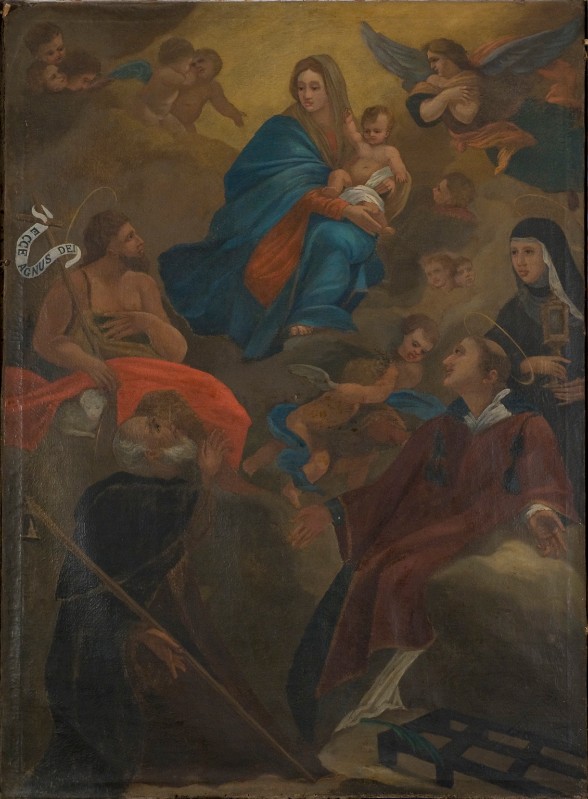 Bott. toscana sec. XVII, Dipinto a olio su tela raffigurante Madonna e santi