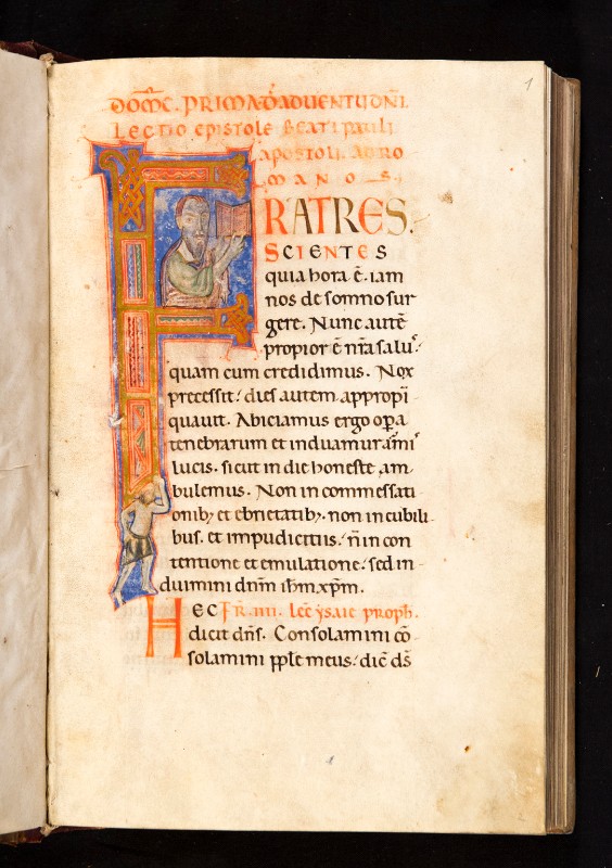 Bott. italiana sec. XIII, Libro epistolario con iniziali figurate dipinte