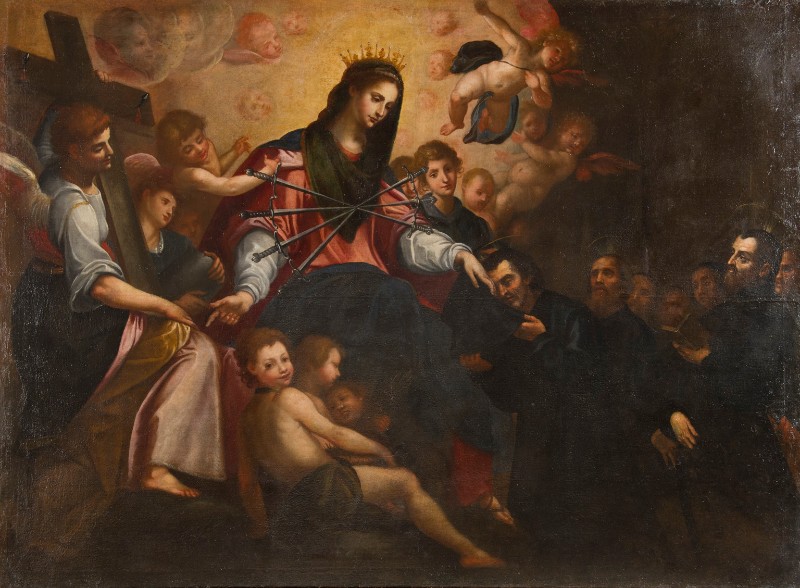 Bott. lucchese sec. XVII, Madonna addolorata tra angeli e servi di Maria dipinto