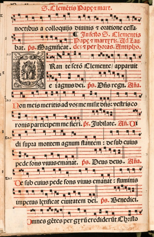 Ambito veneziano inizio sec. XVI, Iniziale a stampa O con San Clemente papa