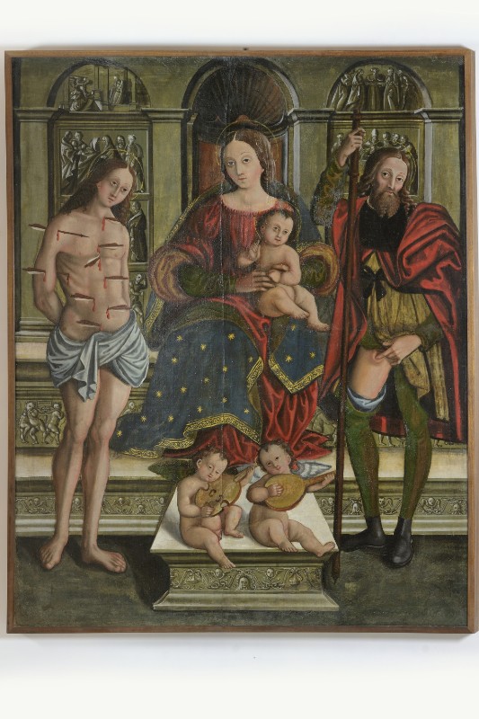 Ambito marchigiano sec. XVI, Madonna con Bambino San Sebastiano, San Rocco