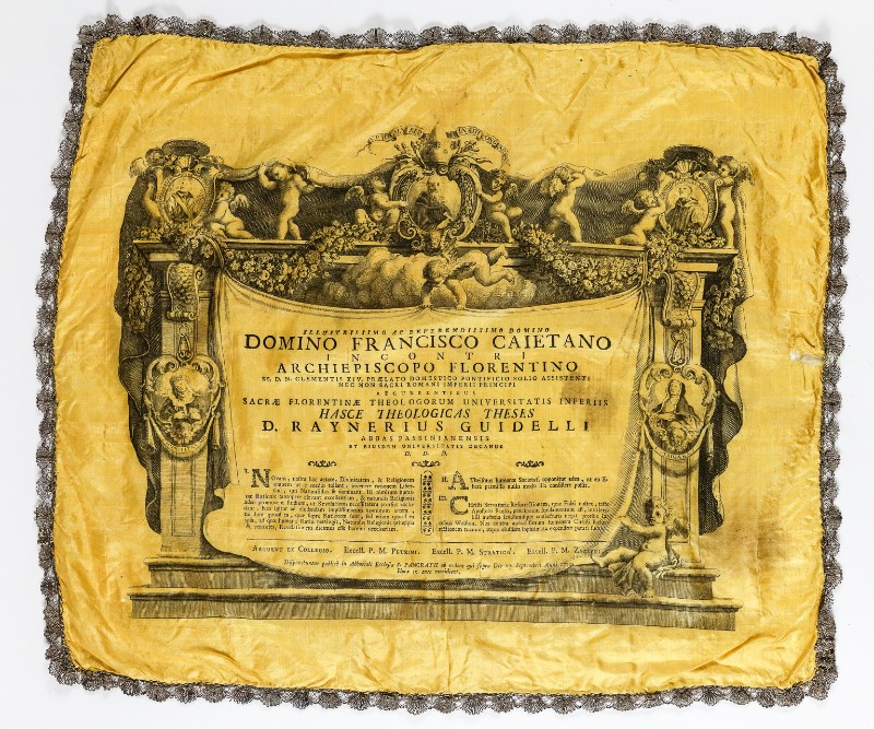 Bottega toscana sec. XVIII, Stampa con iscrizione entro cornice figurata