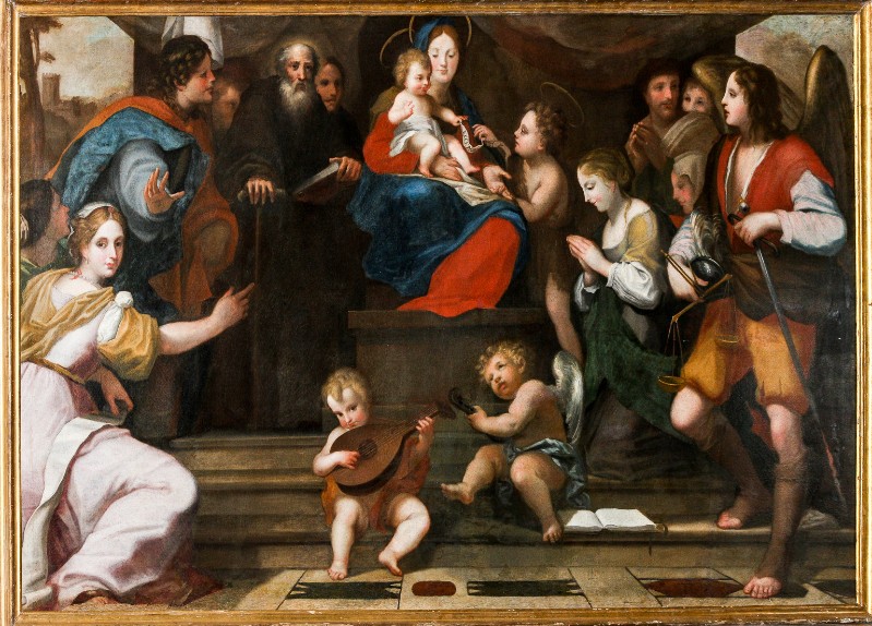 Ambito fiorentino sec. XVII, Madonna in trono con Gesù Bambino e santi