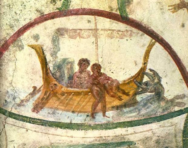  Giona viene gettato in mare, in primo piano il mostro marino da cui verrà inghiottito. Particolare dell’affresco della Catacomba dei Santi Marcellino e Pietro  - Roma. III-IV sec. d.C.