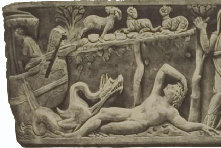  In primo piano il mostro marino che dopo tre giorni liberò il profeta Giona.
Dettaglio del fronte del sarcofago di Santa Maria Antiqua RM
