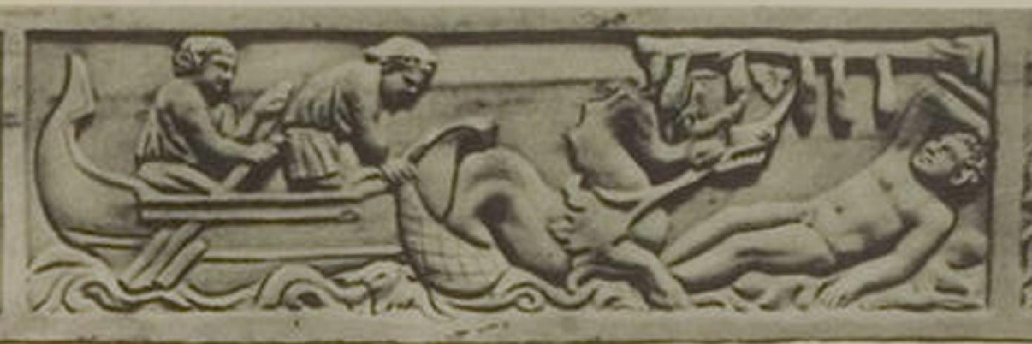  La nave dalla quale Giona fu gettato in mare, il mostro marino che lo rigettò sulla riva. Particolare del coperchio del sarcofago conservato nel Casino Doria Phamphilj – Roma.