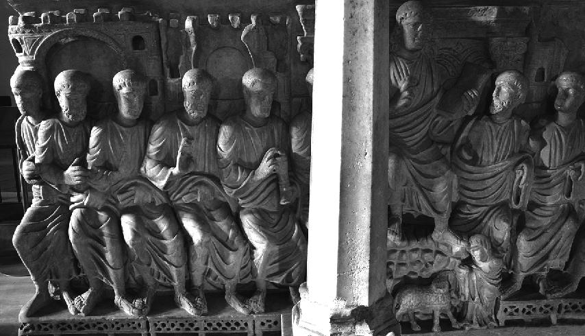  Particolare del sarcofago di Stilicone (fine IV sec), scolpito su tra lati con la scena della Traditio Legis in cui Cristo trasferisce i rotoli della Legge a S. Paolo affiancato dagli apostoli. Conservato a S. Ambrogio Milano