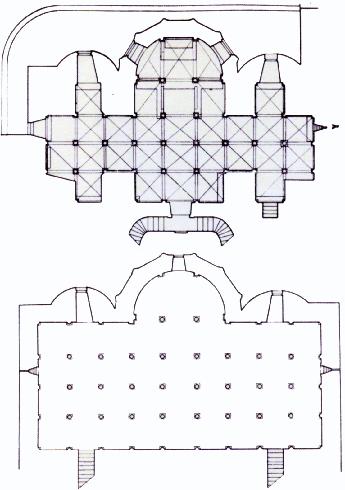 Pianta della cripta e pianta del suo progetto di restauro (da B.M. Apollonj Ghetti, Antica Architettura sacra nella Tuscia. in ''Fede e Arte'',7. 1959, p. 296)